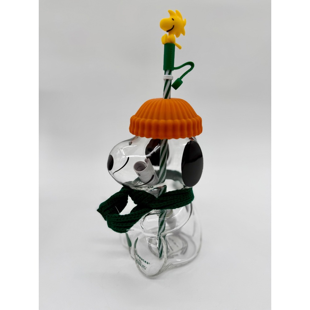 Starbucks x Peanuts Snoopy Glass Cup 20oz Woodstock Straw Scarf Beanie NEW